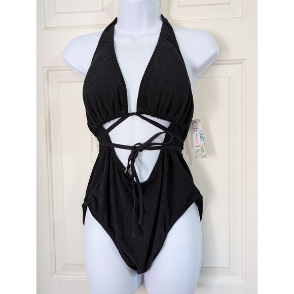 Celebrity Pink One Piece Bathing Suit XL Black Cut Out Waist Straps Halter Top - Picture 1 of 8